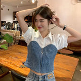 Lubintang Chic Fashion Women Denim Patchwork Shirts Spring Vintage Slim Short Sleeve Zipper Blouse All Match Tops Ropa Mujer