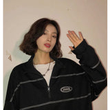 Lubintang Black Sweatshirt Women Korean Fashion Streetwear Striped Hoodie Vintage Hip Hop Pullover Aesthetic Oversized Tops