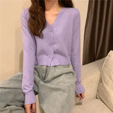 Lubintang Cropped Cardigan Women Korean Short Sweater Long sleeve Crop Top V neck Fashion Y2k Clothes Green Blue