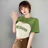 Lubintang Chic Fashion Women American Vintage Print Camisole +Solid Smock 2 Set Cropped Slim Dtreetwear Y2k Crop Tops Ropa Mujer