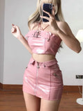 Lubintang Sweet Pink Strapless Vest for Women+ Y2k E-Girl High Waist Bodycon Leather Skirts 2024 Summer New Two Piece Sets