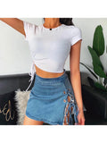 Lubintang T shirt Crop Tops Women Summer Short Sleeve Solid Round Neck Short Tee Top Drawstring Slim Fashion Female Shirts