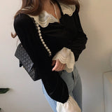 Lubintang Autumn Chic Fashion Korean Blouse Peter Pan Collar Vintage Elegant Shirt All Match Lace Patchwork Blusas Tops Mujer