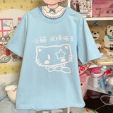 Lubintang Kawaii Cat Print O-neck BaBy Blue T-shirts Summer Loose Oversize Cotton Tops Women Y2k Grunge Shoirt Sleeve Tee Shirt