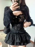 Lubintang Sexy 3 Piece Set Women Fashion Lace Design New Y2K Suit Female Long Sleeve Coat + Black Strapless +pleated Skirt Spring