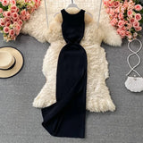 Lubintang Chic Fashion Woman Dress Solid O Neck Sleeveless Maxi Dresses Vintage Summer High Waist Knitted Stretch Vestidos Mujer