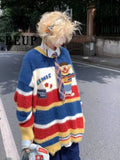 Lubintang Casual Contrast Color Striped Women Sweaters Cartoon Long Sleeve Knitted Pullovers Sweet All Match Loose Jumpers