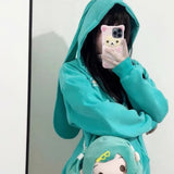 Lubintang Anime Rabbit Ear Detachable Hoodie Jackets Y2k Long Sleeve Zipper Coat Women Spring New Mid-length Loose Tops Mujer