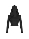 Lubintang Women's Hooded Crop Tops Autumn Solid Color Long Sleeve Cowl Neck Slim Fit Short T-Shirt Streetwear Sporty Basics Tees