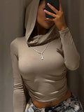 Lubintang Women's Hooded Crop Tops Autumn Solid Color Long Sleeve Cowl Neck Slim Fit Short T-Shirt Streetwear Sporty Basics Tees