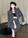 Lubintang Autumn Temperament Korean Fashion Small Fragrance Tweed Long Sleeve V Neck Jacket + High Waist A Line Skirt Two Piece Set