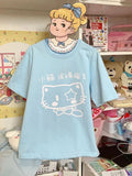 Lubintang Kawaii Cat Print O-neck BaBy Blue T-shirts Summer Loose Oversize Cotton Tops Women Y2k Grunge Shoirt Sleeve Tee Shirt