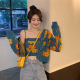 Lubintang Chic Fashion Women V Neck Long Sleeve Casual Floral Knitted Cargidan Coat+Sweet Y2k Sexy Camisole Tank Top 2 Pcs Sets