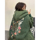 Lubintang Tops Hoodie Grunge Loose Punk Vintage Sweatshirt Oversized Letter Print Casual Streetwear Floral Embroidery