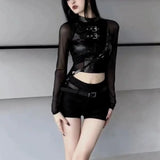 Lubintang Sexy Crop Top Black Leather T-shirts 2024 Autumn New Slim Fit Tee Shirt Y2k E-Girl Long Sleeve Mesh Tops Women