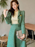 Lubintang Women Two piece Set Korean Chic French Temperament V-neck Pearl Button Puff Sleeve Short Jacket + High Waist Swing Skirt Suits