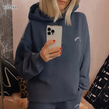 Lubintang 2024 Autumn Winter Sweatshirt For Women Letters Printed Navy Blue Hoodie Fleece Warm Long Sleeve Hooded Pullovers Tops