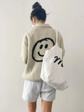 Lubintang Fashion Loose Smiling Face Cardigans Autumn New O-neck Zipper Sweaters Y2k Grunge Long Sleeve Knitted Cardigan