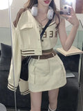 Lubintang Chic Fashion Women 3 Sets Spring Striped Sweet Cool Y2k Baseball Clothes Jackets+Letter Camisole+High Waist Mini Skirt