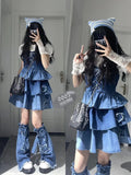 Lubintang Chic Fashion Lace Women Blouse+Bandage Pleated Denim Dresses+All Match Star Leg Warmer Sweet Cool Y2k 3 Sets Ropa Mujer