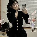 Lubintang Fashion V-nck Long Sleeve Black Knitted Cardigan+ Y2k E-Girl High Waist Ruched Short Skirts 2024 New Two Piece Sets