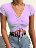 Lubintang V Neck Cropped Tank Tops Women Drawstring Tie Up Front Camis Candy Colors Streetwear Slim Fit Ribbed Crop Top 2024