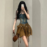 Lubintang Heavy Slim Fit Denim Camisole Vest+ Y2k E-Girl High Waist Irregular Ruched Skirts 2024 Spring New Two Piece Sets