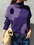 Lubintang 2024 New Female Elegant Flower Printed Purple High Neck T-Shirts Spring Autumn Long Sleeve Loose Casual Tops for Women