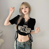 Lubintang Chic Fashion Women Summer Vintage Chain V Neck Drawstring Slim Waist Letter Print T-Shirt Streetwear Y2k Crop Top Mujer