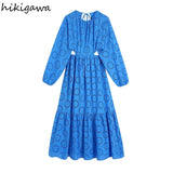 Lubintang Women Fashion With Thin Tied Hollow Embroideried Maxi Dress Vintage Long Sleeve Backless Female Dresses Vestidos Mujer