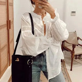 Lubintang Inspired Semi sheer white blouse for women Frilled neckline buttons down sexy women tops ladies long sleeve blouse shirt