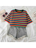 Lubintang Rainbow Stripe Women Summer T-Shirt Minimalist Short Sleeve Women clothes Tops tee shirt couple clothes tshirt top