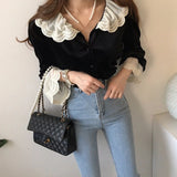 Lubintang Autumn Chic Fashion Korean Blouse Peter Pan Collar Vintage Elegant Shirt All Match Lace Patchwork Blusas Tops Mujer