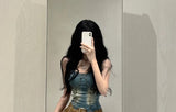 Lubintang Heavy Slim Fit Denim Camisole Vest+ Y2k E-Girl High Waist Irregular Ruched Skirts 2024 Spring New Two Piece Sets