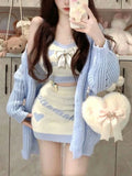 Lubintang Kawaii Knitted Three Piece Set Women Bow Warm Sweater Mini Skirt Suit Female Casual Korean Fashion Y2k Sweet Set 2024