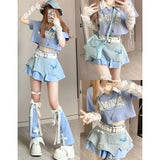 Lubintang Chic Fashion Contrast Color Turn Down Collar Women Tops +All Match Jean Patchwork Dress+leg Warmer 3 Set Ropa Mujer