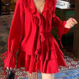 Lubintang V-neck Ruffles Long Sleeve Tops Women+ Y2k E-Girl High Waist Ruched A-line Skirts Spring New Red Two Piece Sets