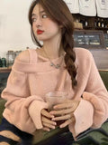 Lubintang Pink Crop Knit Off Shoulder Sweater Top Women Korean Autumn Loose Oversize Pullover High Quality Youth Elegant Knitwear