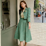 Lubintang Women Two piece Set Korean Chic French Temperament V-neck Pearl Button Puff Sleeve Short Jacket + High Waist Swing Skirt Suits