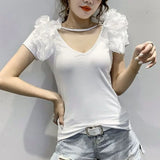 Lubintang Chic Fashion Korean Women Slim Knitted Bottoming Tops Casual All Match Ruffled O Neck Short Sleeve T-Shirts Top Mujer