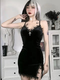 Lubintang Cross Black Mini Dress Vintage Sexy Spaghetti Strap High Waist Slit Dresses Goth Party Club Women Dress