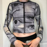 Lubintang Chic Fashion Women Gothic Eyes Peint Patchwork Mesh Translucent Long Sleeve T-Shirts Streetwear Harajuku Crop Y2k Top