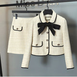 Lubintang Small Fragrance Luxury Tweet Jacket Ladies Bow Short Coat Women 2024 Autumn Winter Elegant Skirt Suits Two Piece Set Outfit