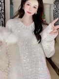 Lubintang Winter New Heavy Industry Flash Rhinestone Round Neck Sweater Oversize Idle Style All-Match Women's Mid-length Pullover