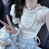 Lubintang Summer Sweet Heart Flower Slim Fit Short Sleeve T-shirts+ High Waist Bow Ruched Cake Skirts Y2k E-Girl Two Piece Sets