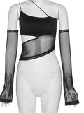 Lubintang Cut Out Mesh Crop Top with Sleeves Fairy Grunge Clothes Transparent Camisole Tank Tops