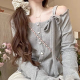 Lubintang Sweet Off Shoulder Bow Lace Up Sweaters 2024 New Slim Fit Pink Tops Women Y2k Grunge Long Sleeve Cardigan Mujer