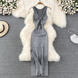 Lubintang Chic Fashion Woman Dress Solid O Neck Sleeveless Maxi Dresses Vintage Summer High Waist Knitted Stretch Vestidos Mujer