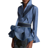 Lubintang 2024 Latest Fashion Buttoned Ruffled Lapel Blouses with Belted Women Spring Autumn Long Sleeves Casual Office Shirts Tops