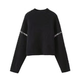 Lubintang Sweater Autumn Round Neck Pullovers Sweater Warm Knitted Chic Contrast Color Splicing Thread Sweater Jumpers Tops